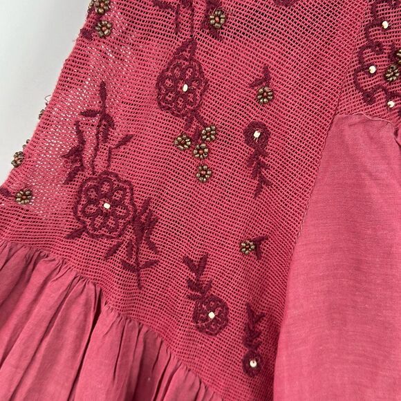 Free People Womens Red Long Puff Sleeve Beaded Embroidered Blouse Small - Picture 13 of 15